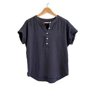 Quince Organic Cotton Gauze Roll Sleeve Shirt Sz Small Indigo Blue